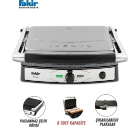 Resim Fakir Yanmaz Yapışmaz Izgara ve Tost Makinesi 2000 Watt, Çıkarılabilir Plaka, 6 Dilim Kapasite, Temizliği Kolay 180 Derece Açılabilir 