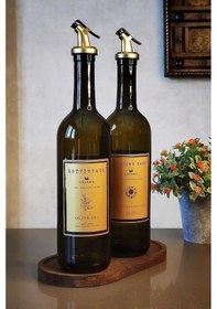 Resim Khakma Ahşap Standlı Zeytinyağı Sıvıyağ Şişesi Yağdanlık 2'li Amber - Gold 750 ML 