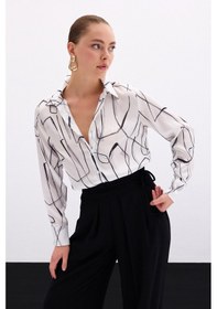 Resim Sateen Yırtmaç Detaylı Gömlek - Ekru-136103 Ekru 