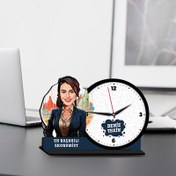 Resim Kadın Ekonomist Karikatürlü MDF Masa Saati 