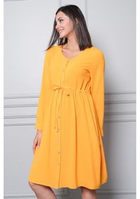 Resim Busa Hamile Önden Düğmeli Ve Bağcıklı Uzun Kollu Viskon Elbise Mango 