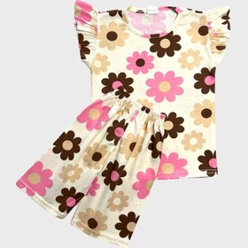 Resim Aliş Kids Kız Çocuk Pamuklu Bej Rengi Papatya Desenli Kolları Fırfırlı Kısa Kollu Şortlu Yazlık Pijama Takımı 