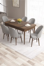 Resim Canisa Ves Serisi 80x132 Mdf Açılabilir Barok Ahşap Desen Mutfak Masası 6 Adet Gri Sandalye 