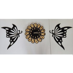 Resim Duvar Saati Kişiye Özel 3 Lü Set Kelebek Diyarı Altın - Siyah 