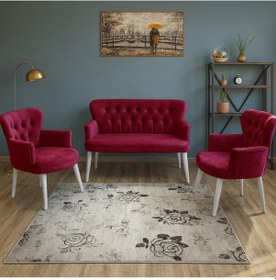 Resim Azra Mobilya Bordo Babyface Kumaş Çay Seti Koltuk Takımı 2 Berjer + 1 İkili, Modern, Beyaz Ayak Bordo 