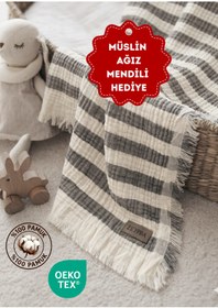 Resim ZEYPBA 4 Katlı Müslin Örtü Antrasit Çizgili 110x110 cm (Bebek & Çocuk İçin) % 100 Pamuk 