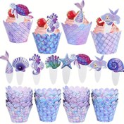 Resim Denizaltı Temalı 32 Parça Denizkızı Parti Cupcake Süsleri ve Muffin Kek Sarıcıları, Okyanus Temalı Doğum Günü Partisi Dekorasyonları 