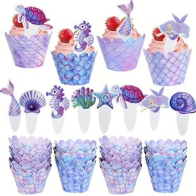 Resim Denizaltı Temalı 32 Parça Denizkızı Parti Cupcake Süsleri ve Muffin Kek Sarıcıları, Okyanus Temalı Doğum Günü Partisi Dekorasyonları 