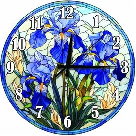 Resim Vitray Görünümlü Mavi İris Çiçekli Sessiz Duvar Saati Çok Renkli 