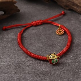 Resim Kırmızı Örgülü Kordonlu Şanslı Kedi Cazibesi Bileklik - Çin Tarzı, Altın Tonlu Aksanlar, Kadınların Günlük Kullanımı & Bayramlık Günler İçin İdeal, Aile ve Arkadaşlar İçin Mükemmel Hediye, Kültürel Hediye|Çin Düğümü|Karmaşık Dokuma, Kedi Aksesuarları 