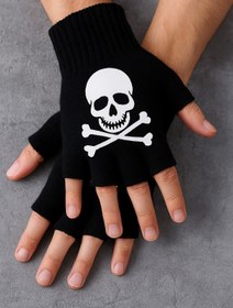 Resim SOFT Unisex Siyah Parmaksız Eldiven - Kafatası Desenli, Punk Tarzı Aksesuar Çocuk Eldiveni 