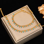 Resim 2'li set paslanmaz çelik püskül mavi boncuk zincir kolye ve bileklik takımı, hipoalerjenik yüksek kaliteli Fransız tarzı şık lüks mücevher seti, hem erkekler hem kadınlar için modaya uygun minimalist hediye seçeneği 