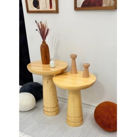 Resim Aselya Home Doğal Ahşap 2'li Set Mantar Yan Sehpa Modern Fiskos Zigon Çiçeklik 