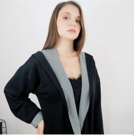 Resim Mois Atelier Ekose Detaylı Triko Hırka, Tasarım, Hediye, Büyük Beden, Tesettür Siyah 
