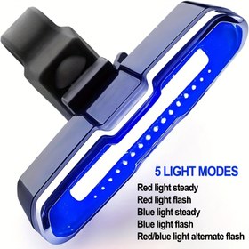 Resim Yüksek Parlaklık Şarj Edilebilir Bisiklet Arka Işığı, 5 Aydınlatma Modu (Kırmızışık, Yanip Sönme/Sabit MaviIk, Çalışan Flaş), USB İle Göçebelendirmeli, IPX7 Yüzgeçli Kalite Ayarlabilen Kayiş & Tak-Montajsiz Kurulum - Gece Süspansiyonlu Lityum Polimer Pil iç ın geceleri bisikel sürüş emniyeti üniversal arkalig / dağlara uygundur. kentsel ortamda seferler 