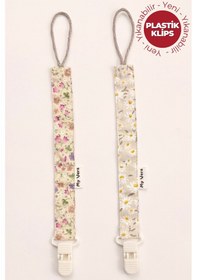 Resim Bahar Çiçek Desenli Vizon - Vizon Papatya - Plastik Klipsli Emzik Askısı Seti - 2'li Emzik Zinciri Seti 