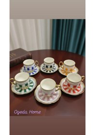 Resim Renkli Gold Detaylı Kare Desenli 6 Lı Türk Kahve Fincan Takımı Porselen-balsa Fincan Takımı Sarı - Çok Renkli 