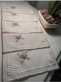 Resim Rokoko El İşlemesi Kahve Sunumluk Peçetesi Keten 6 Parça Beyaz - Krem 