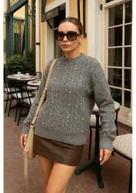 Resim Fashion Friends 25k0144k1 Kadın İncili Kazak Gri Melanj 