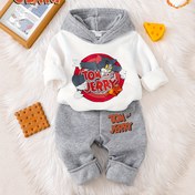 Resim Warner Boys' Sonbahar ve Kış Yeni "Kedi ve Fare" Serisi Set Klasik Tom ve Jerry Mektup Desen Baskı Gri + Beyaz Yama Sıcak Polar Kapüşonlu Gri Mektup Baskılı Uzun Pantolon Günlük Rahat Her Zaman Çok Yönlü 2 Parça Kıyafet, Açık Hava İçin Mükemmel 