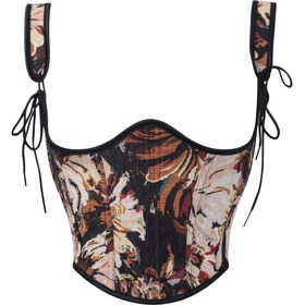 Resim Kadınlar için Ayarlanabilir Askısız Kamisol Üst - Çiçek Desenli Siyah & Pembe, Kısa Kollu ve Dantel Detaylı Önden Bağlamalı, Günlük veya Resmi Giyim İçin 
