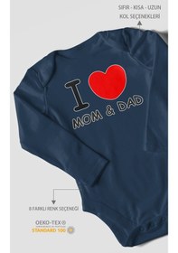 Resim I Love Mom And Dad Baskılı Bebek Zıbını Çıtçıtlı Body %100 Pamuk Uzun Kol Lacivert 
