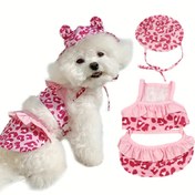 Resim 2 adet Set Leopar Baskılı Pet Yüzme Giysileri, Askılı Şapka Seti, Bikini Köpek Nefes Alabilen Yelek Mayo, Küçük Köpekler için Uygun 