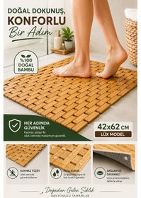 Resim Lüx Model Bambu Kaydırmaz Banyo Paspası 42x62 Cm Suya Dayanıklı Doğal Bambu Zemin Matı Ahşap 
