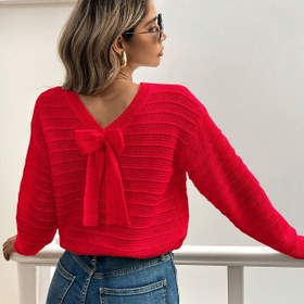 Resim 1 adet Şık Kadın Rahat Akrilik Örgü Kazak Büyük Fiyonk Detaylı, V Yaka Uzun Kollu Kazak, Hafif Esnek Normal Kalıp Düz Renk İlkbahar/Sonbahar İçin 