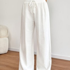 Resim Kadınların Rahat Düz Bacaklı Pantolonları Elastik Bel ve Sahte Bağcıklı - Hafif, Nefes Alabilir ve Bahar/Yaz Tatilleri İçin Şık, Tatil Pantolonları | Geniş Bacaklı Pantolonlar | Parlak Dokulu 