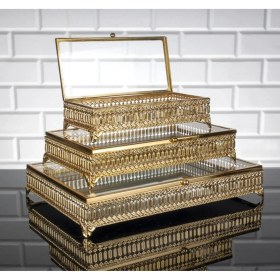 Resim Inci Dikdörtgen Orta Boy Sunumluk Cam Kapaklı Takı ve Çikolata Kutusu 