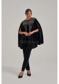 Resim Crystalia Pelerinli Taş Nakış İşlemeli Siyah Kadife Takım Siyah 