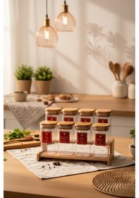 Resim Snippy Lunver - 8'li Ahşap Standlı Vakumlu Etiketli Akrilik Saklama Kabı Baharatlık Seti 350 Ml Ahşap 