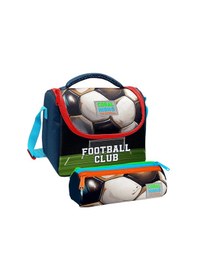Resim Coral High Erkek Çocuk Lacivert Yeşil Futbol Thermo Beslenme Çantası Ve Üç Bölmeli Kalemlik Seti Çok Renkli 
