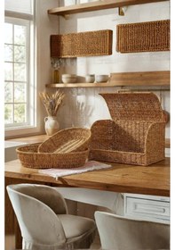 Resim Mien Doğal Rattan 3’lü Hasır Set | Kapaklı Ekmek Sepeti ve Dekoratif Sunum Sepetleri 