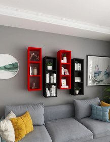 Resim Duvar Rafı Kitaplık Ofis Siyah Kırmızı 4 Lü Karışık Takım Siyah Kırmızı 