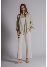 Resim Braccas Kadın Keten Karışımlı Yandan Cepli Beli Lastikli Relaxed Fit Pantolon Naturel Naturel 