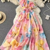 Resim Kadınlar için Baskılı Şifon Maksi Elbise - Canlı Pastel Çiçek Deseni, Bel Bağlama, Akıcı Etek, Makinede Yıkanabilir, İlkbahar/Yaz Koleksiyonu, Bahar Modası | Sofistik Dikiş İşçiliği, Sevimli Elbiseler 