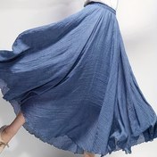 Resim Şık Mavi Keten Midi Etek - Ruffled Hemli Akışkan A-Line, Bahar/Yaz/Sonbahar İçin Mükemmel, Her Gün Zariflik|Ruffled Hemline|Düz Dokulu 