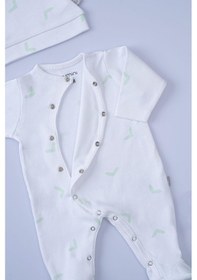 Resim Boumini Bebek Patikli Tulum Şapka Set Beyaz Desenli Yeşil Tik Yeşil 