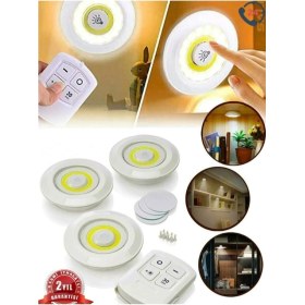 Resim Uzaktan Kumandalı 3 Lü Spot LED Lamba Kablosuz Pilli Işıldak Dolap Işığı Mutfak Rafı Işığı 
