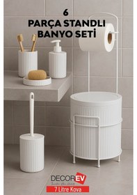Resim Decorev 6 Parça Metal Standlı Banyo Seti 7 Litre Çöp Kovası, Tuvalet Kağıtlığı, Sabunluk, Fırçalık Ve Sıvı Sabunluk Dc Beyaz 