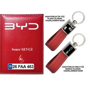 Resim Plakanıza Özel Byd Logolu Kırmızı Ruhsat Kabı Ve Anahtarlık 