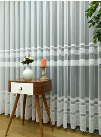 Resim Taç Bantlı Desen Örme Tül Perde - Ekru 