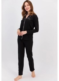 Resim Pierre Cardin 7717 Kadın Modal Uzun Kollu Önden Düğmeli Pijama Takımı-siyah Siyah 