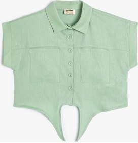 Resim Koton Gömlek Kısa Kollu Önü Bağlamalı Cepli Keten Karışımlı Yeşil 4skg60084aw Yeşil 