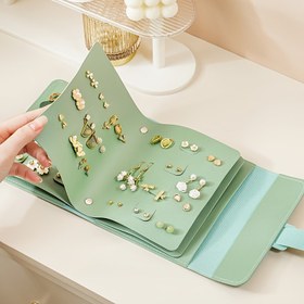 Resim 1 adet Nane Yeşili Taşınabilir Küpe Düzenleyici - Büyük Kapasiteli, Yaratıcı Takı Saklama Kitabı, Çıtçıtlı Kapatma, Suni Deri İç, Çivili Küpeler & Küçük Aksesuarlar için, Mücevher Kutuları 
