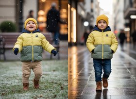 Resim Benetton Erkek Bebek Sarı-Gri Sol Göğsü Logo Yamalı Önü Cepli Kapüşonlu Fermuarlı Mont - 4-5 Yaş 