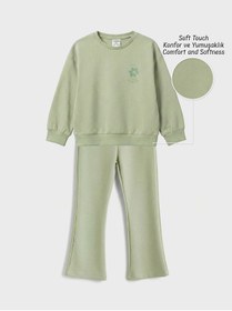 Resim LC Waikiki Yeşil Çiçek Baskılı Kız Çocuk Soft Touch Sweatshirt ve Eşofman Altı 