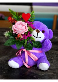 Resim Kucağında Pembe Gül Buketi Tutan 25cm Sevimli Peluş Ayıcık Sevdiklerinize Hediye Mor Pembe 
